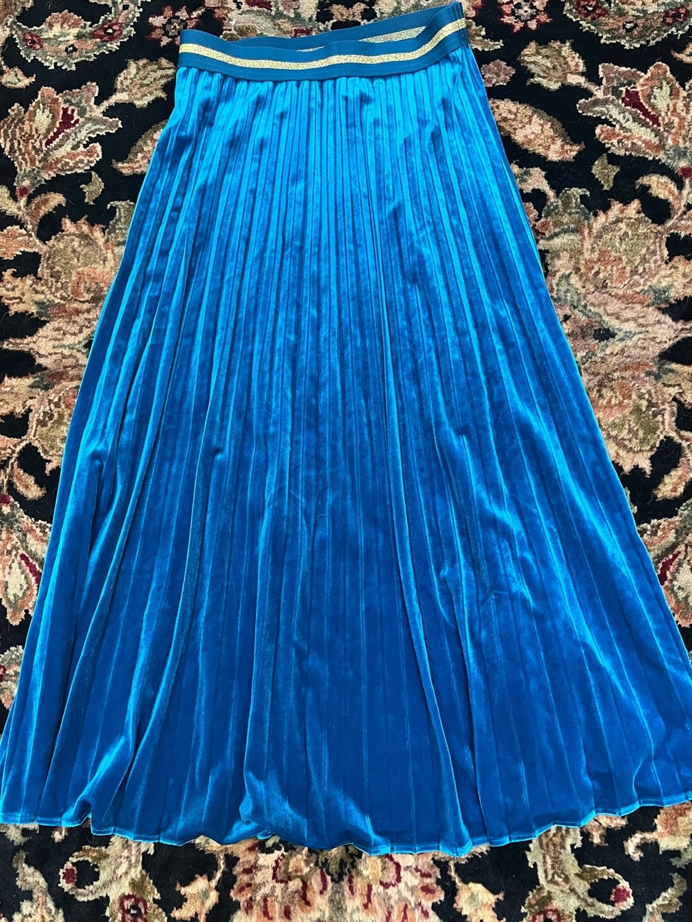Maeve Turquoise Pleated Velvet Midi Skirt with Gold Waistband